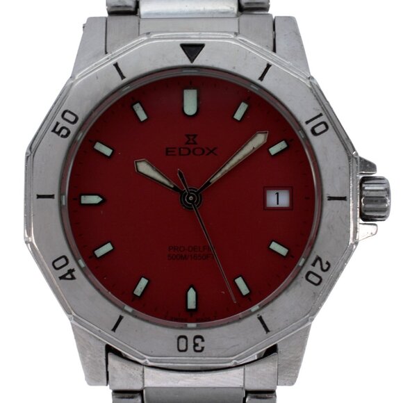Edox Men's 40mm Pro-Delfin Rare Red Dial Stainless Steel Watch Reference 70071! - Picture 2 of 9